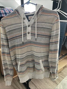 Faherty Striped Hooded Henley in Gray, Tan & Rust